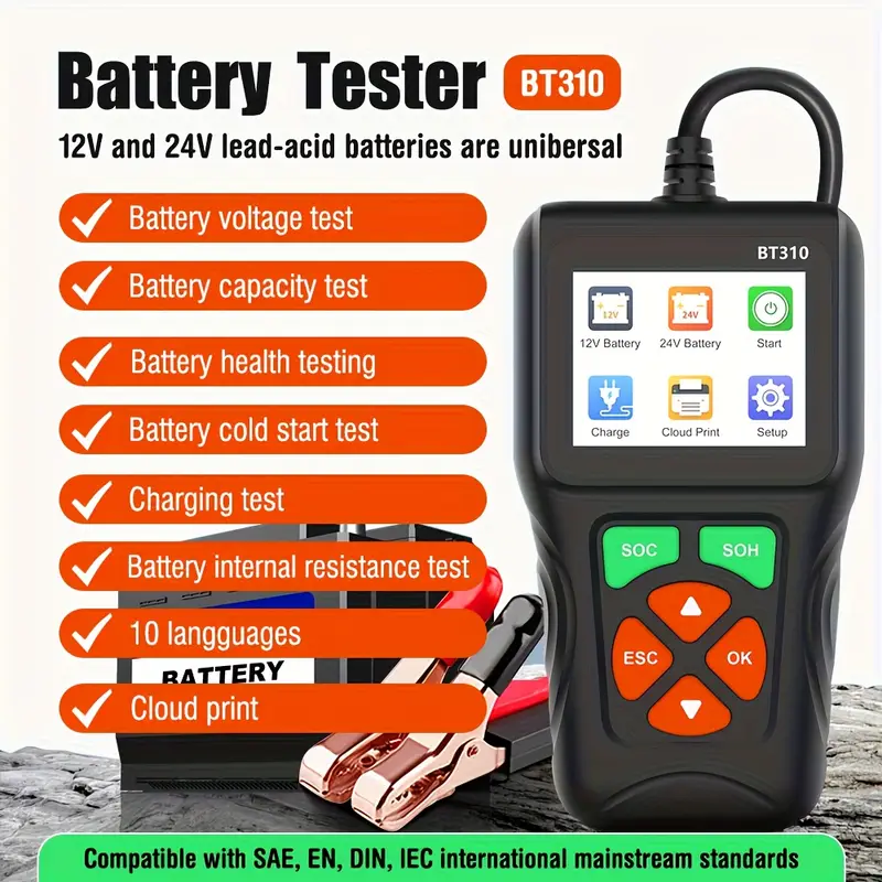 BT310 Car Battery Tester 12V/24V | Battery, Charging & Cranking Test | Cars, Bikes & Trucks