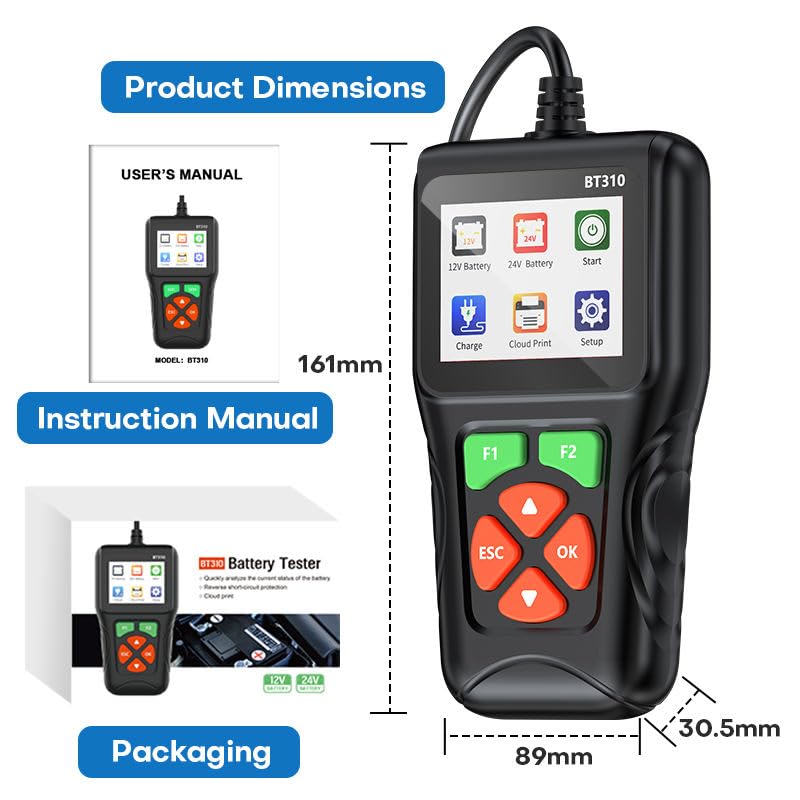 BT310 Car Battery Tester 12V/24V | Battery, Charging & Cranking Test | Cars, Bikes & Trucks