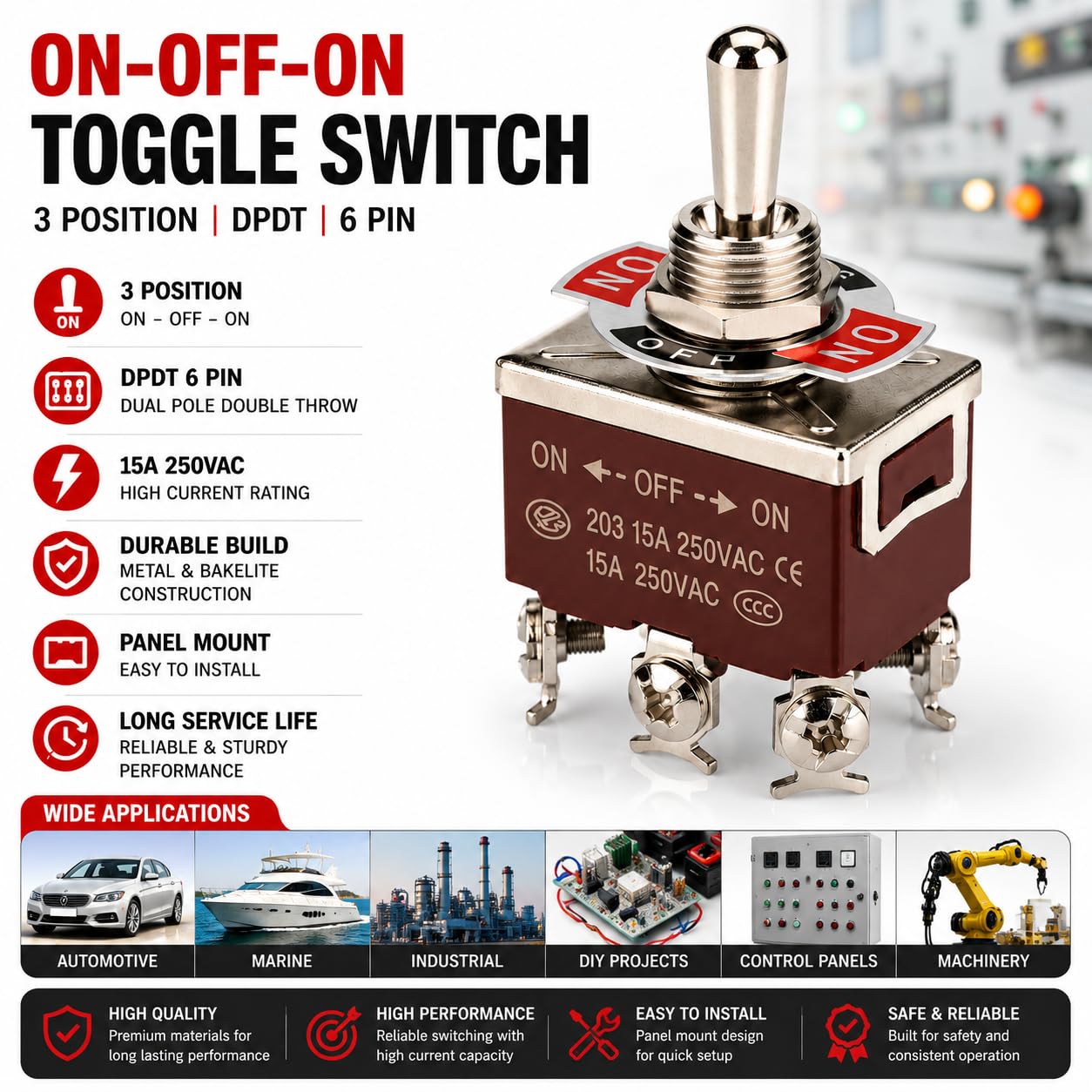 3 Way ON-OFF-ON Toggle Switch, 15A/250V AC, 6-PIN, 3-Position for Automotive / Industrial use
