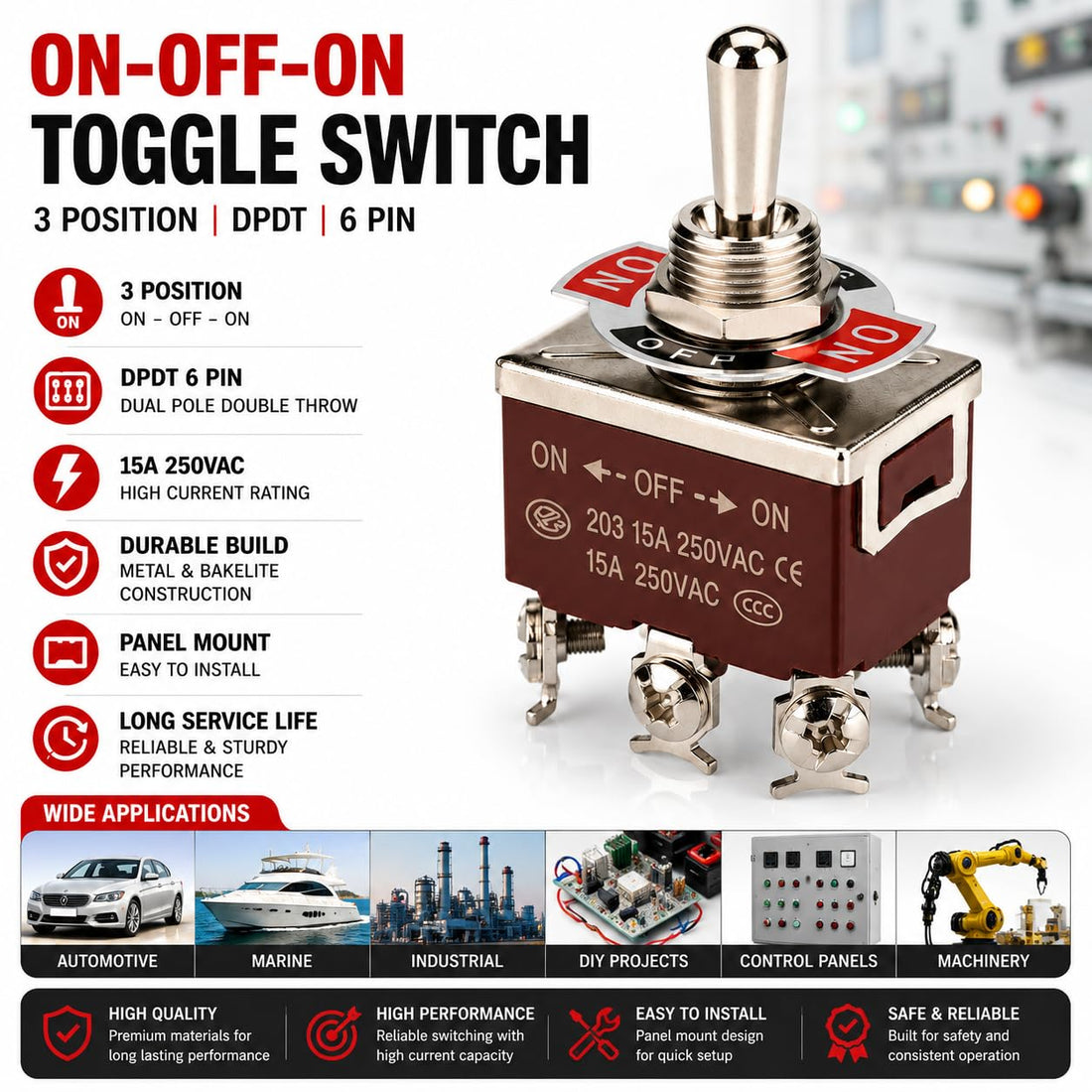 3 Way ON-OFF-ON Toggle Switch, 15A/250V AC, 6-PIN, 3-Position for Automotive / Industrial use