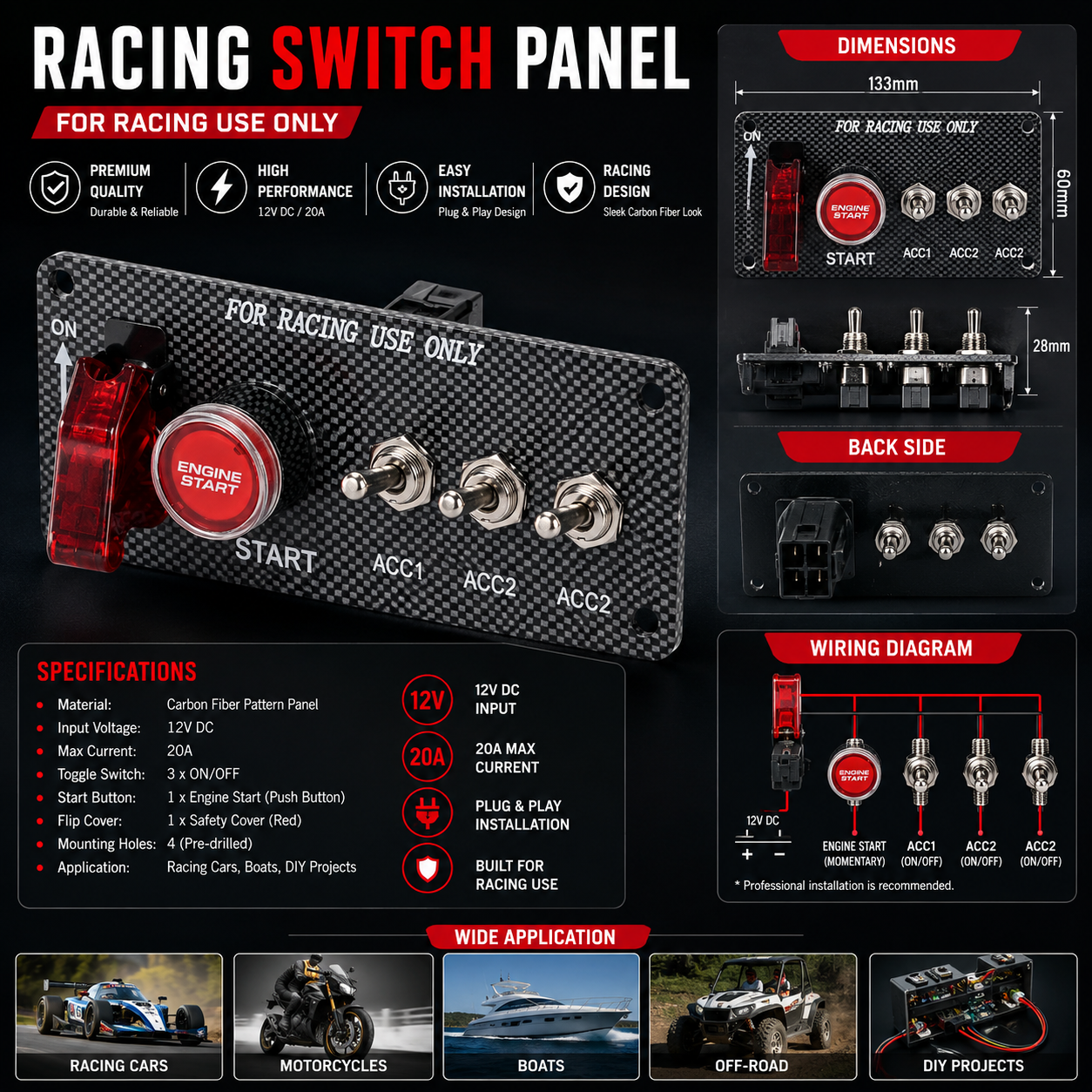 5 in 1 Arming Switch Racing Panel with Engine Start/Stop Button