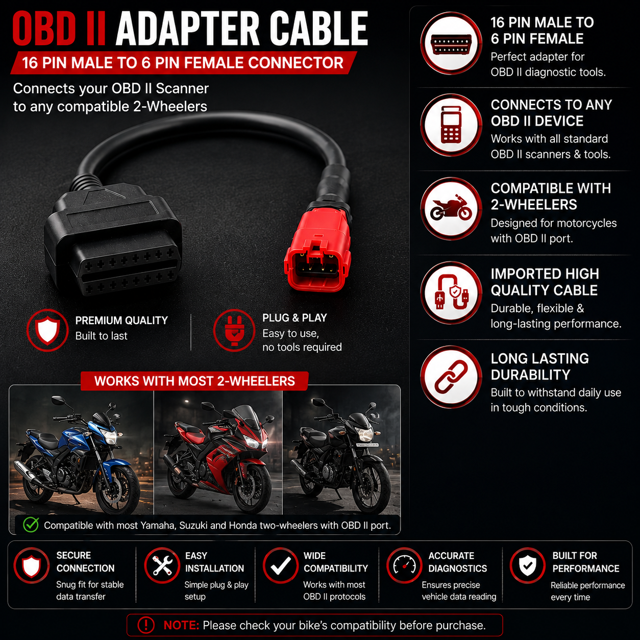 BS6 Bike Cable - 16 Pin Male to 6 Pin for Yamaha, Suzuki, and Honda Bikes
