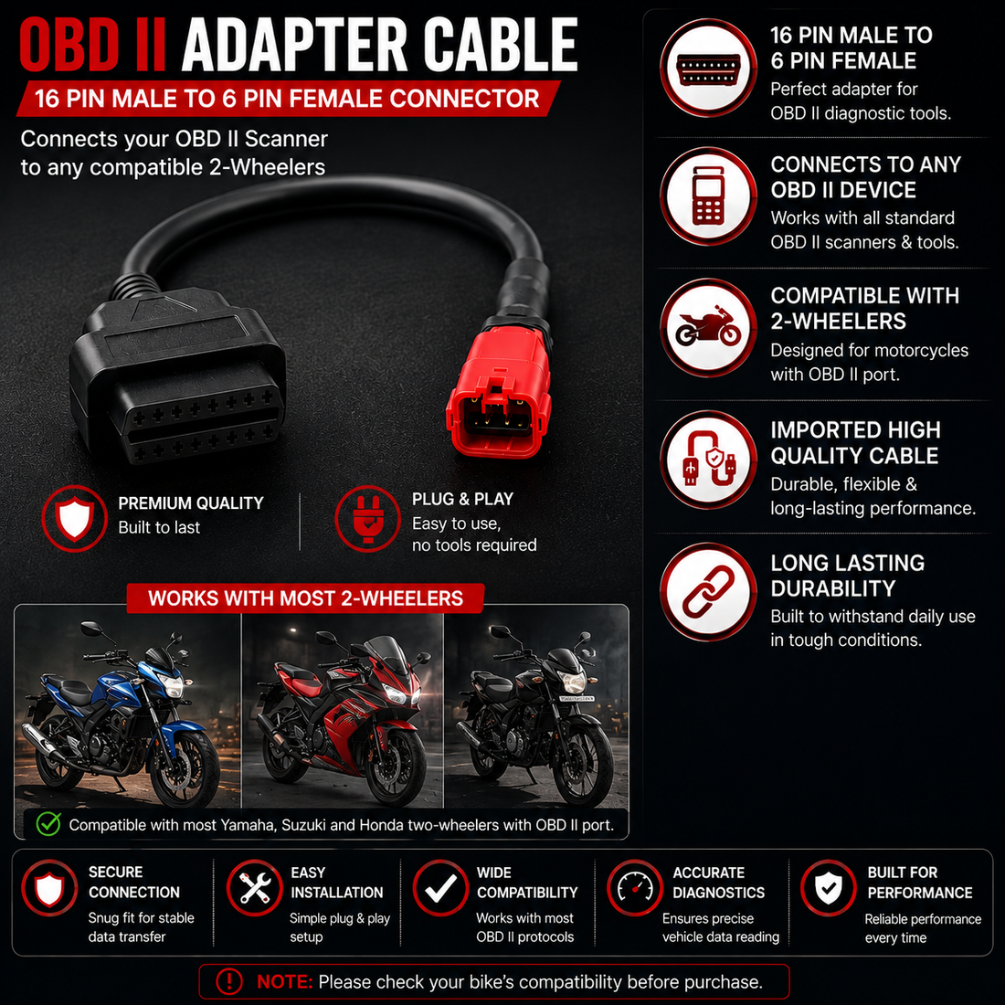 BS6 Bike Cable - 16 Pin Male to 6 Pin for Yamaha, Suzuki, and Honda Bikes