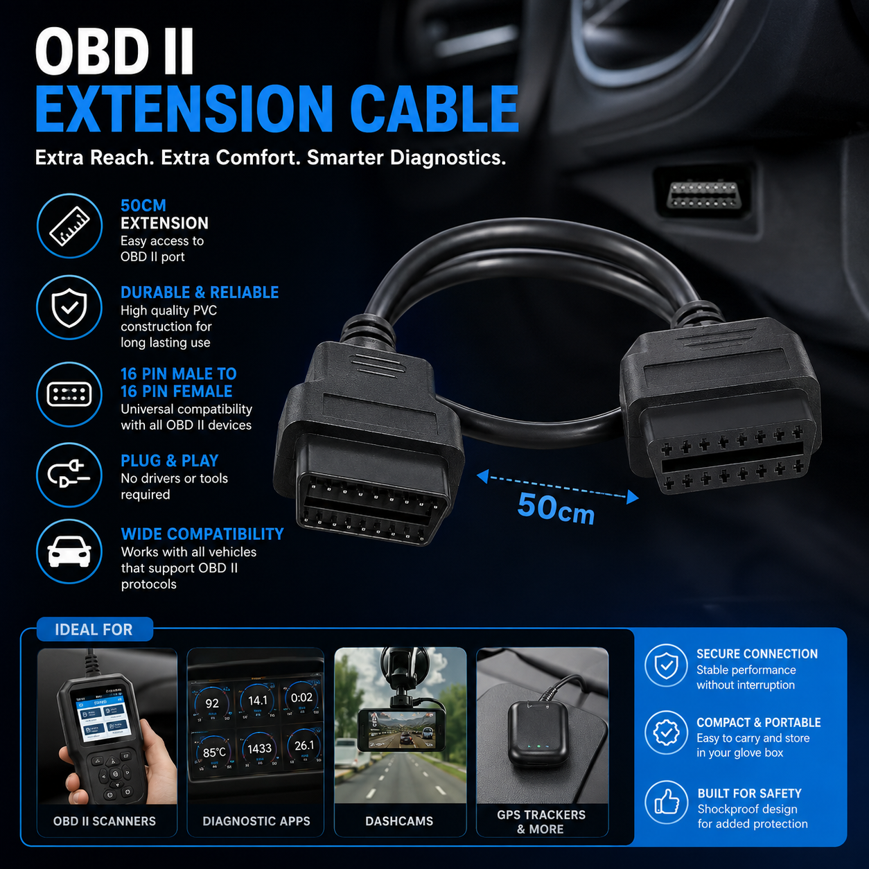 Universal OBD II 50 cm Extension Cable