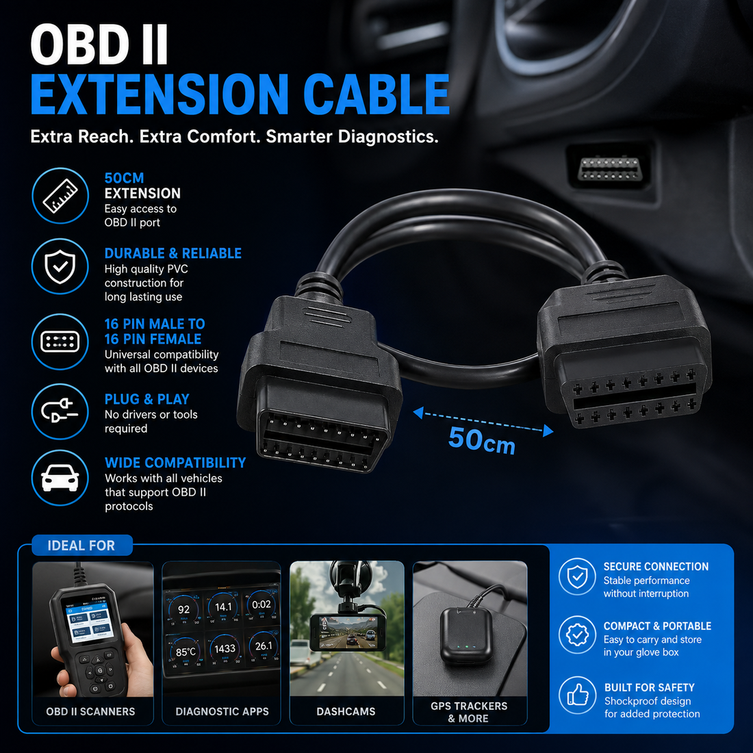 Universal OBD II 50 cm Extension Cable
